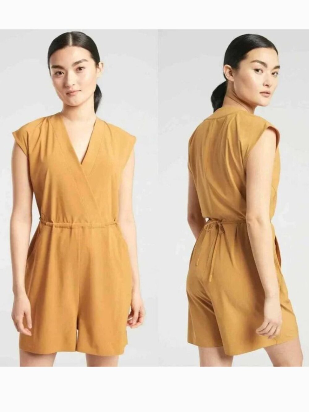 Athleta Marlow Short Sleeve V Neck Drawstring Romper Tuscan Gold XS 558666